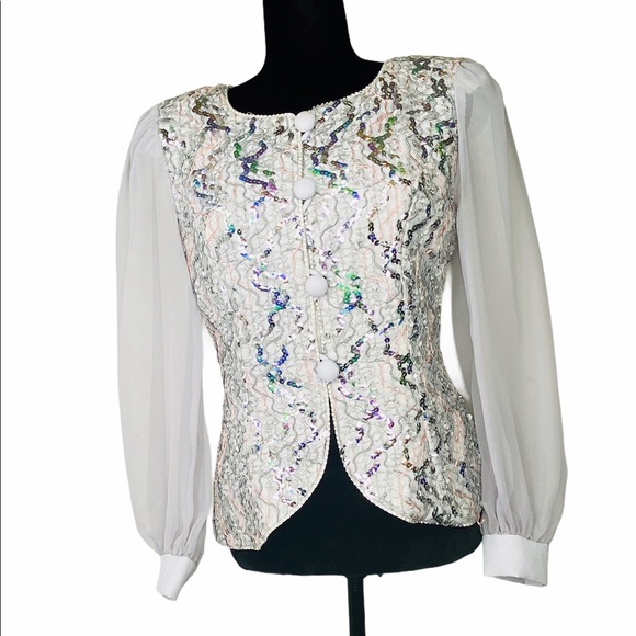 Vintage Formal Jacket Sequined  Top Sheer Sleeves by J. Benjamin 6 Made in USA - Picture 8 of 9